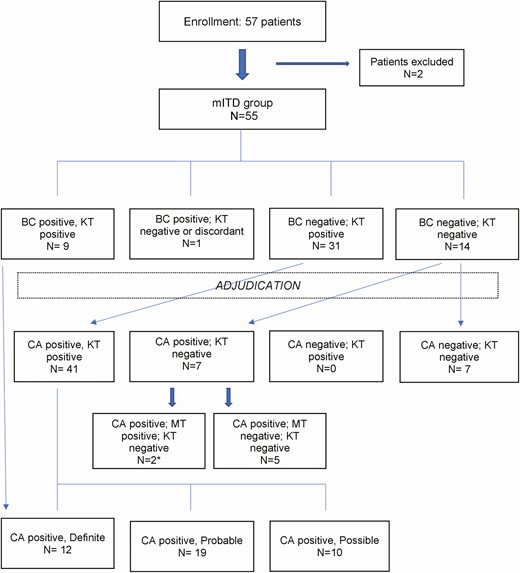 Patient enrollment and overall results at T1. Exclusion reasons: enrollment blood sample for Karius test did not pass quality acceptance criteria (n = 1), blood culture at enrollment was contaminated (n = 1). *1 case with positive tooth abscess culture (Prevotella spp.); 1 case with positive bronchoalveolar lavage culture (A niger). Abbreviations: BC, blood culture; CA, clinical adjudication; KT, Karius test; mITD, modified intent to diagnose; MT, standard microbiological test.
