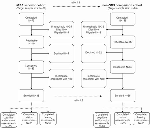 Participant flow of iGBS cases and non iGBS children recruited. Out of 79 iGBS survivors contacted, 35 consented for participation and completed the assessment. Out of 158 matched non iGBS children contacted for participation, 65 children consented and completed neurodevelopmental, vision and hearing assessments. Abbreviations: GBS, group B Streptococcus; iGBS, invasive group B Streptococcus.