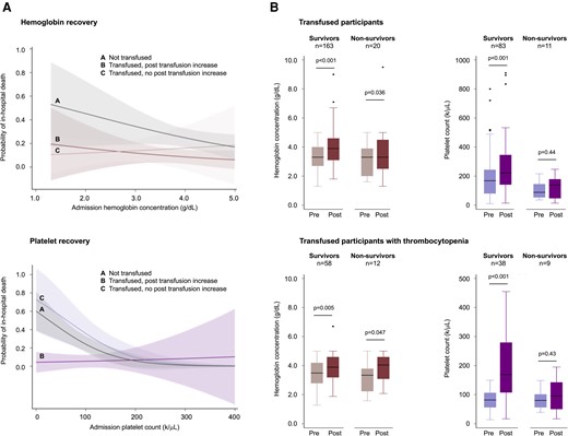 Hemoglobin and platelet recovery after whole blood transfusion. (A) Marginal probabilities of mortality as a function of the admission hemoglobin concentration or platelet count grouped according to transfused (red or purple curves) and nontransfused (gray curves) patients, further stratified according to whether the patient had a posttransfusion increase (dark color) or no increase (light color). Estimates are from the full logistic regression model. Patients who were transfused had a higher probability of survival than those who were not transfused whether or not the post-transfusion hemoglobin increased (top left). In contrast, patients who were transfused had a higher probability of survival than those who were not transfused only when the post-transfusion platelet count was observed to increase (bottom left). A post-transfusion increase was defined as a change in hemoglobin concentration of +1.0 g/dL or a change in the platelet count of +44 000/μL (the median difference between pre- and posttransfusion platelet counts). The median interval between tests was 2 days (IQR, 2–4 days), reflecting hospital policy for the timing of blood redraws. Shaded areas represent the 95% CI. (B) Box-and-whisker plots of pre- and posttransfusion values in patients with SMA who underwent whole blood transfusion and had pre- and posttransfusion laboratory data. Nonsurvivors differed from survivors with respect to the posttransfusion platelet count but not the posttransfusion hemoglobin concentration. Thrombocytopenia was defined here as a platelet count <150 000/μL to provide a sufficient sample size for statistical comparisons. P-values were calculated using Student paired t test on log normalized data. CI, confidence interval; IQR, interquartile range.