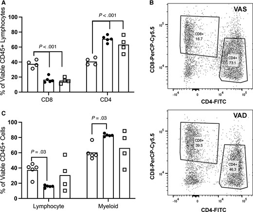 Impact of vitamin A status on responding immune cell phenotypes recovered from infected lung of guinea pigs. Leukocytes recovered by terminal bronchoalveolar lavage at day 60 of infection were phenotyped using flow cytometry. Shown are comparative proportions between VAD (open circle), VAS (closed circle), and VAD guinea pigs resupplemented with vitamin A at 30 days after infection (open square). A, Comparison of CD4+ and CD8+ cells among CD45+ lymphocytes recovered by bronchoalveolar lavage at day 60 of infection. B, Representative flow cytometry contour plots demonstrating CD4+ and CD8+ among gated CD45+ lymphocytes in VAS and VAD guinea pigs. C, Comparison of proportions of lymphocytes and myeloid populations among total CD45+ immune cells recovered by bronchoalveolar lavage at day 60 of infection. Similar differences in immune phenotypes were also identified in cell suspensions from isolated lung granulomas (Supplementary Figure E7). Abbreviations: FITC, fluorescein isothiocyanate; VAD, vitamin A deficient; VAS, vitamin A sufficient.
