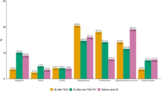 Microbiological etiology of 273 patients with IE after TAVI and 5376 with native valve IE. Percentages above the bars sum to 100% within groups. Numbers inside the bars sum to the total amount of cases within groups. Abbreviations: CoNS, coagulase-negative staphylococci; IE, infective endocarditis; PV, prosthetic valve; TAVI, transcatheter aortic valve implantation.