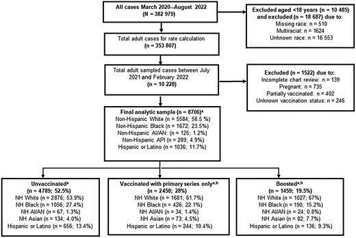 COVID-19–Associated Hospitalization Surveillance Network flow diagram. Abbreviations: AI/AN, American Indian/Alaskan Native; API, Asian/Pacific Islander; COVID-19, coronavirus disease 2019; NH, non-Hispanic; SARS-CoV-2, severe acute respiratory syndrome coronavirus 2. aWeighted %. bIndividual vaccinated with primary series only defined as having received 2 doses of a 2-dose series or 1 dose of a single-dose series ≥14 days before a positive SARS-CoV-2 test. Individuals were considered boosted if they were vaccinated with their primary series and received an additional dose.
