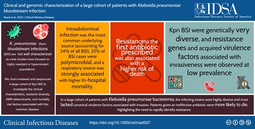 This graphical abstract is also available at Tidbit: https://tidbitapp.io/tidbits/clinical-and-genomic-characterization-of-a-large-cohort-of-patients-with-klebsiella-pneumoniae-bloodstream-infection/update