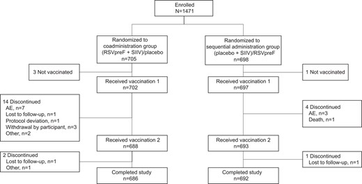 Participant disposition. “Enrolled” refers to participants who were recruited by study site staff and gave written informed consent, regardless of whether they were randomized. Abbreviations: AE, adverse event; RSVpreF, respiratory syncytial virus prefusion F protein–based vaccine; SIIV, seasonal inactivated influenza vaccine.