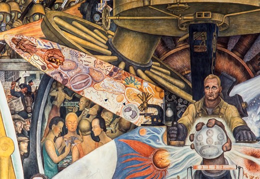 Detail from Man, Controller of the Universe (fresco), Palacio de Bellas Artes, Mexico City, a smaller version of the destroyed Man at the Crossroads, Rockefeller Center, New York. The ellipse shows microscope fields of stained, potentially pathogenic bacteria. Arrowheads point to Treponema pallidum (left; see also Figure 2C) and polymorphonuclear leukocytes with intracellular cocci (right; see also Figure 2D). Note the anatomically complex representation of the human airways and digestive tract in the upper portion of the ellipse, with the epiglottis and trachea and some respiratory epithelia at one end and the mouth and esophagus at the other, all potential ports of bacterial entry. The lower end of the ellipse shows a microscope with 4 oculars and 3 objectives; there is also a darkfield image of trypanosomes swimming among red blood cells. Image was provided by ©Bob Schalkwijk. Reproduced with permission from Banco Mexico Diego Rivera Trust, Mexico, DF/Artists Rights Society, New York.