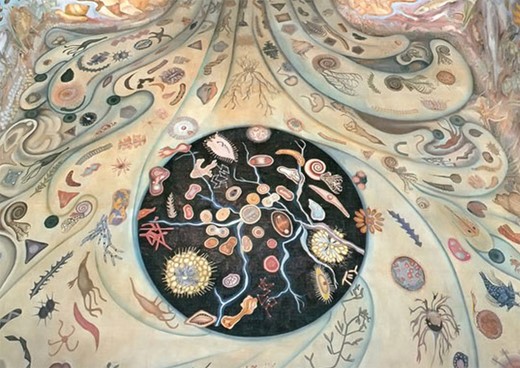 Detail from Water, Origin of Life (fresco), Carcamo del Lerma, Chapultepec Park, Mexico City (restored in 2010, now maintained as part of the Museo Nacional de Historia, Mexico City). Nine painted ribbons in the tunnel entering the floor of the distribution chamber under the hands of Tlaloc show individual cells and clumps of uni- and multicellular aquatic microorganisms, with the central dark circle probably representing uni- and multicellular organisms observed under darkfield microscopy. The biological complexity of the painted microorganisms increases as the ribbons widen on the floor of the chamber, suggesting an evolutionary progression that ends with figures of a man and a woman on the vertical walls, crowning the ascent that began with uni- and multicellular microorganisms. Image from Museo del Carcamo de Chapultepec, Mexico City. Reproduced with permission of Banco Mexico Diego Rivera Trust, Mexico, DF/Artists Rights Society, New York.