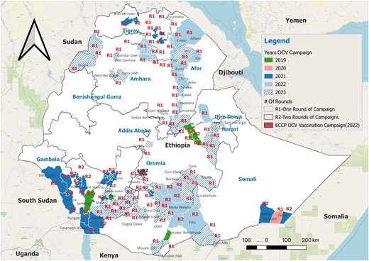 Map of OCV vaccination campaign areas. The map comprehensively shows woredas where OCV vaccination campaigns have been conducted from 2019 to 2023. Number of vaccination rounds conducted in each woreda is represented as either R1 or R2. Abbreviations: ECCP, Ethiopia Cholera Control and Prevention; OCV, oral cholera vaccine.