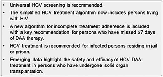 Key points in HCV guidance summary. Abbreviations: DAA, direct-acting antiviral; HCV, hepatitis C virus; HIV, human immunodeficiency virus.