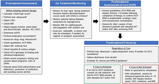 Simplified algorithm for HCV treatment among HCV treatment-naive adults with compensated cirrhosis. Recommended DAA regimens for this simplified treatment approach include either 8 weeks of glecaprevir (300 mg)/pibrentasvir (120) mg taken with food for genotypes 1 through 6 or 12 weeks of sofosbuvir (400 mg)/velpatasvir (100 mg) for genotypes 1, 2, 4, 5, or 6. More detailed descriptions of the patient evaluation process and antivirals used for HCV treatment can be found on the HCV Guidance website. Abbreviations: AASLD, American Association for the Study of Liver Diseases; ALT, alanine aminotransferase; AST, aspartate aminotransferase; CBC, complete blood count; DAA, direct-acting antiviral; eGFR, estimated glomerular filtration rate; HCC, hepatocellular carcinoma; HCV, hepatitis C virus; HIV, human immunodeficiency virus; INR, international normalized ratio; SVR, sustained virologic response. aChild–Pugh score based on presence of ascites, hepatic encephalopathy, total bilirubin >2.0 mg/dL, albumin ≤3.5 g/dL, or INR ≥1.7. Patients with a Child–Pugh score ≥7 (ie, Child–Pugh B or C) have decompensated cirrhosis; this simplified treatment approach is not recommended for patients with decompensated cirrhosis. bObtain liver ultrasound within 6 months prior to initiating antiviral treatment to exclude hepatocellular carcinoma and subclinical ascites. This simplified treatment approach is not recommended for patients with hepatocellular carcinoma and/or decompensated cirrhosis. cMedication reconciliation should record currently prescribed medications, over-the-counter drugs, and herbal/dietary supplements. dDrug–drug interaction assessment should be performed using the table in the Monitoring Section of the HCV Guidance website or the University of Liverpool drug interaction checker. eDevelopment of jaundice, ascites, spontaneous bacterial peritonitis, variceal hemorrhage, or hepatic encephalopathy may suggest hepatic decompensation. Patients should be referred to a specialist if they develop worsening liver blood tests (eg, total bilirubin, AST, ALT, INR), jaundice, ascites, encephalopathy, or new liver-related symptoms). fUltrasound surveillance for hepatocellular carcinoma (with or without alpha-fetoprotein testing) every 6 months is recommended for patients with cirrhosis, in accordance with AASLD guidance. gSee AASLD guidance for recommendations regarding the evaluation and management of varices.