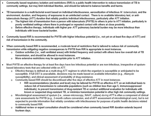Summary of key principles when considering community-based respiratory isolation and restriction for persons with pulmonary tuberculosis. Abbreviations: ATT, anti-tuberculosis therapy; DST, drug-susceptibility testing; NAAT, nucleic acid amplification test; PWTB, person or persons with tuberculosis; RIR, respiratory isolation and restriction; TB, tuberculosis.