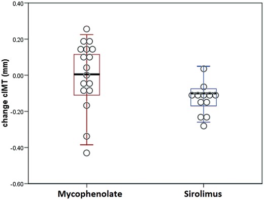 Mean change of cIMT between 12 months and baseline in mycophenolate and sirolimus groups. p = 0.05 x mycophenolate group.
