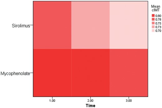 Heatmap showing the mean value of cIMT in the sirolimus and mycophenolate groups over time (1.00: baseline; 2.00: 6 months and 3.00: 12 months). Higher values of cIMT are represented in darker red. We observed a decreased cIMT in both groups; the change was most significant in the sirolimus group.