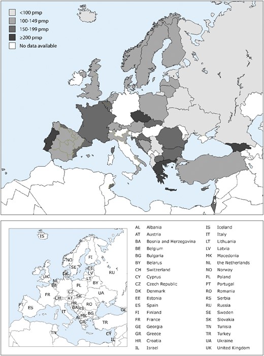 Incidence of RRT pmp in 2016, at Day 1, by country/region, unadjusted. The incidence for Czech Republic, Poland, Russia, Slovakia and Tunisia (Sfax region) only includes patients receiving dialysis. For Serbia and England (UK), the incidence is underestimated by, respectively, ∼26% and ∼2% (see Table 1).