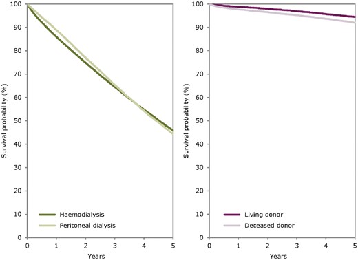 Patient survival of patients starting HD and PD between 2007 and 2011 from Day 91 (left panel) and patients receiving a first kidney transplant from a living or deceased donor between 2007 and 2011 (right panel). Survival on dialysis was censored for transplantation, and adjusted using fixed values for age (67 years), gender (63% men) and primary renal disease (24% DM, 19% hypertension/renal vascular disease, 11% glomerulonephritis and 46% other causes). Survival after kidney transplantation was adjusted using fixed values for age (50 years), gender (63% men) and primary renal disease (14% DM, 10% hypertension/renal vascular disease, 23% glomerulonephritis and 53% other causes). These figures are based on the data from the following registries providing individual patient data: Austria, Belgium (Dutch-speaking), Belgium (French-speaking), Denmark, Finland, France, Greece, Iceland, Norway, Spain (Andalusia), Spain (Aragon), Spain (Asturias), Spain (Basque country), Spain (Cantabria), Spain (Castile and León), Spain (Castile-La Mancha), Spain (Catalonia), Spain (Extremadura), Spain (Galicia), Spain (Community of Madrid), Spain (Valencian region), Sweden, the Netherlands and the UK (all countries).