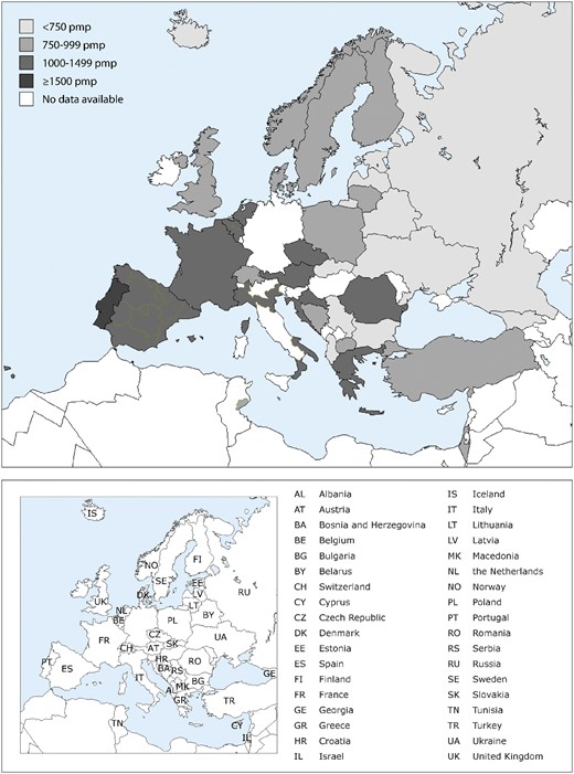 Prevalence of RRT pmp on 31 December 2016 by country/region. The prevalence for Israel only includes patients receiving dialysis. For Romania, Serbia, Switzerland and England (UK), the prevalence is underestimated by, respectively, ∼30, ∼29, ∼6 and ∼1% (see Table 2).