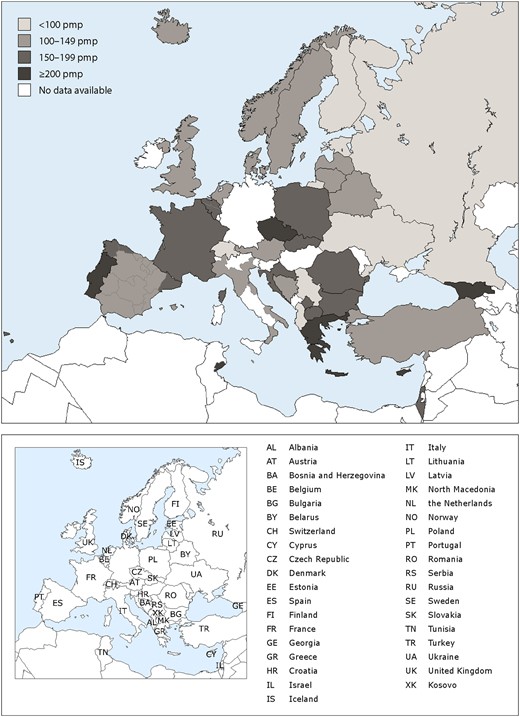 Incidence (pmp) of RRT in 2017, at Day 1, by country/region, unadjusted. The incidence for the Czech Republic, Poland, Russia, Slovakia and Sfax region (Tunisia) only includes patients receiving dialysis. For England (UK), the incidence is underestimated by 2% (Table 1).