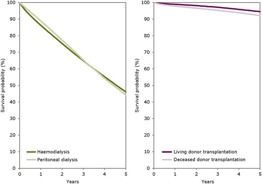 Survival of patients starting HD and PD between 2008 and 2012 from Day 91 (left panel) and patients receiving a first kidney transplant from a living or deceased donor between 2008 and 2012 (right panel). Survival on dialysis was censored for kidney transplantation and adjusted using fixed values for age (67 years), sex (63% men) and primary renal disease (24% DM, 19% hypertension/renal vascular disease, 11% glomerulonephritis and 46% other causes). Survival after kidney transplantation was adjusted using fixed values for age (50 years), sex (63% men) and primary renal disease (14% DM, 10% hypertension/renal vascular disease, 23% glomerulonephritis and 53% other causes). These figures are based on data from the following registries providing individual patient data: Austria, Belgium (Dutch-speaking), Belgium (French-speaking), Denmark, Finland, France, Greece, Iceland, Norway, Spain (Andalusia), Spain (Aragon), Spain (Asturias), Spain (Basque Country), Spain (Cantabria), Spain (Castile and León), Spain (Castile-La Mancha), Spain (Catalonia), Spain (Extremadura), Spain (Galicia), Spain (Community of Madrid), Sweden, The Netherlands, UK (England, Northern Ireland, Wales) and UK (Scotland).