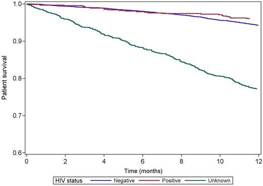 One‐year survival by HIV status in incident patients.