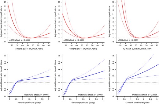 Associations between eGFR, proteinuria and death-censored graft survival in an adjusted model using restricted cubic spline with three knots.