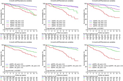 Kaplan–Meier survival curves for graft failure (with censoring for death) using 3-, 6- and 12-month eGFR and proteinuria variables (prot: proteinuria).