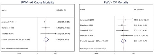 Pooled effect of PWV on all-cause mortality and CV mortality in HD patients (high versus low PWV). Forest plot of the effect of PWV on all-cause mortality (left) and CV mortality (right) across studies with CKD patients undergoing hemodialysis.