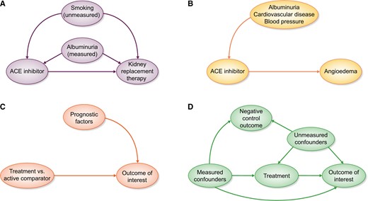 (A) Confounding by indication arises when prognostic factors for the outcome also influence the decision to start treatment. Some confounders may be measured, which can be adjusted for in the analysis, whereas others are unmeasured, leading to residual confounding. (B) When unintended outcomes are studied, less confounding by indication will be present. The indications for ACEi treatment likely do not increase the risk for the outcome angioedema. (C) An ideal active comparator has similar indications as the medication under study, thereby decreasing confounding by indication. Ideally the active comparator should have no influence on the outcome. (D) Negative control outcomes need to have similar measured and unmeasured confounders as the treatment–outcome relationship under study. Furthermore, treatment should not have an influence on the negative control outcome.