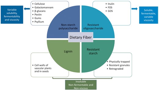 Dietary fiber types, classification and their different physicochemical characteristics (viscosity, solubility and fermentability). Solubility, viscosity and fermentability are physicochemical characteristics of fibers that determine the functional effects of fiber in the gut. Inulin and β-glucans are soluble, fermentable and non-viscous, with a prebiotic effect and short-chain fatty acids (SCFAs) production. Fructooligosaccharides (FOS), galactooligosaccharides (GOS), pectin, galactomannan and gums are soluble, viscous and fermentable, responsible for nutrient availability and SCFA production. Psyllium has moderate solubility, viscosity and low fermentability, with a functional effect on nutrient availability, faster transit and water holding capacity. Cellulose, lignin and resistant starch are insoluble, nonfermentable and non-viscous, being responsible for faster transit and stool bulking.