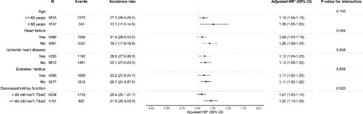 Forest plot showing the association of stopping versus continuing RASi on the composite outcome of death, MI and stroke, stratified by subgroups. *Adjusted for age, age categories, sex, education, eGFR at admission, eGFR category at admission, medical history of diabetes, hypertension, MI, arrhythmia, cerebrovascular disease, peripheral vascular disease, ischaemic heart disease, chronic obstructive pulmonary disease, cancer, liver disease, chronic heart failure, dyslipidaemia, hypothyroidism, extracranial haemorrhage and valvular heart disease, use in the year prior to admission of beta blockers, calcium channel blockers, loop diuretics, thiazide diuretics, potassium-sparing diuretics, non-steroidal anti-inflammatory drugs (NSAIDs), antilipids, alpha blockers, nitrate, mineralocorticoid receptor antagonists, hydralazine, antiarrhythmics, digoxin, anticoagulants, diabetes medication and opioids, health care access in the year prior in primary care context, specialist care context and hospitalizations, primary cause of admission, complications during admission (i.e. sepsis, cardiac surgery, cardiac catheterization, abdominal aortic aneurysm repair, pneumonia, liver failure, acute MI and non-cardiac surgery) and characteristics of admission including duration of stay, AKI as cause of admission, stage of AKI according to KDIGO and average and peak creatinine during hospitalization, with exception of the indicator of the subgroup per subgroup (e.g. we did not adjust for diabetes mellitus in the diabetes mellitus subgroup).