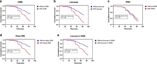 Estimated survival curves for (A) CMB, (B) lacunae, (C) WMH, (D) deep CMB and (E) lacunae in SWM in overall cohort. Hazard ratios were adjusted for differences in age and gender.