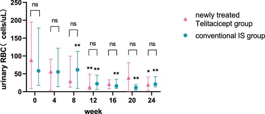 Comparison of urinary RBC count between the newly treated telitacicept subgroup and the conventional IS group. The dots represent the median urinary RBC counts and the bars represent the 25th and 75th percentiles. The urinary RBC count was compared with the baseline level every 4 weeks. *P < .05, **P < .01; ns: not significant.