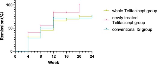 Comparison of the cumulative efficacy rates among the three groups using Kaplan–Meier survival analysis (logrank test, χ2 = 2.085, P = .35).