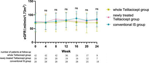 The changes in eGFR level in the whole telitacicept group, the newly treated telitacicept subgroup and the conventional IS group during each follow-up period. The dots represent the mean value of eGFR and the bars represent the SD. In the whole telitacicept group, the level of eGFR was compared with the baseline level every 4 weeks. *P < .05, **P < .01; ns: not significant.