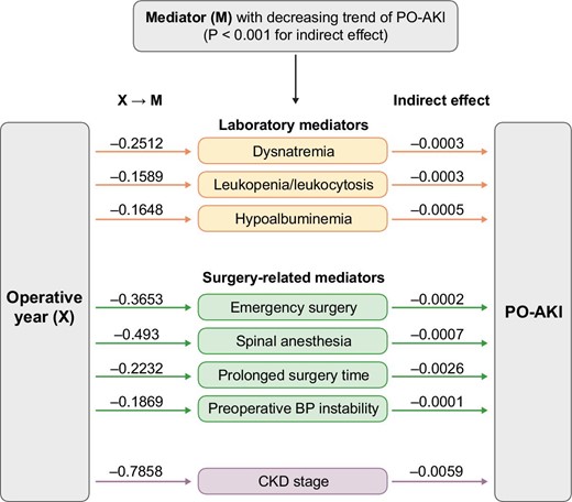Mediation analysis of operative year and PO-AKI. Mediators that contributed to the decreasing trend of PO-AKI included dysnatremia, leukopenia/leukocytosis, hypoalbuminemia, emergency surgery, spinal anesthesia, prolonged surgery time, preoperative blood pressure instability and CKD (P-value for indirect effect, <.001). Each coefficient (beta) of X → M indicates the causal effect of X (operative year) on each M (mediator) (P-value <.001).