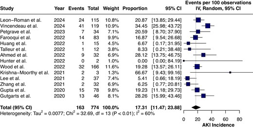 The analysis of clinical studies evaluating the incidence of AKI following CAR-T cell therapy.