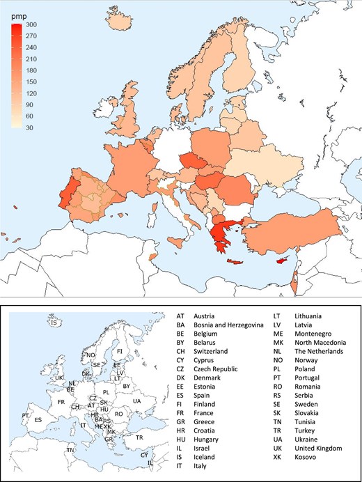 Incidence per million population (pmp) of KRT in 2022 on day 1 by country or region, unadjusted.
