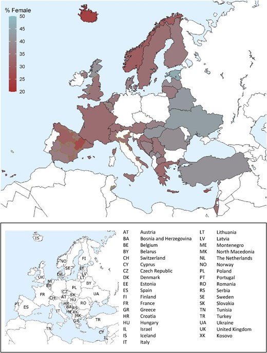 Percentage of female incident patients accepted for KRT in 2022 on day 1 by country or region, unadjusted.