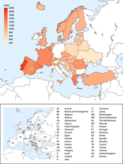 Prevalence per million population (pmp) of KRT on 31 December 2022 by country or region, unadjusted.