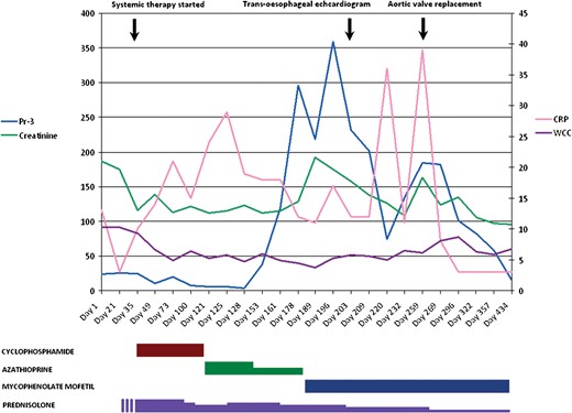 Timeline of immunosuppressive therapy in relation to disease activity and clinical events.