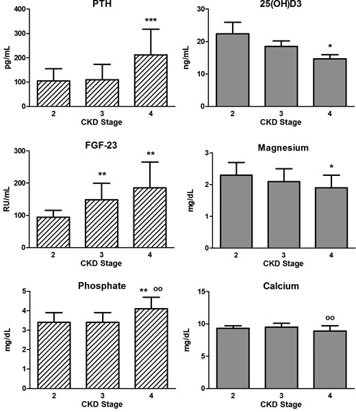 Parameters of mineral metabolism according to CKD stages. Most patients (65%) were in stages 3 and 4 of chronic kidney disease (stage 2, n = 28; stage 3, n = 36 and stage 4, n = 16). *: versus stage 2, P < 0.05; **: versus stage 2, P < 0.01; ***: versus stage 2, P < 0.001; oo: versus stage 3, P < 0.01