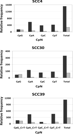 The prevalence of C>T changes at CpN dinucleotides (CpA, CpC, CpG, and CpT) is shown. To calculate the relative prevalence of C>T changes at CpN dinucleotides, the sum of correct base calls (A>A, C>C, G>G, and T>T) was used as the denominator for data normalization, and the normalized value was then multiplied by 106. UDG-untreated MPS data (black), UDG-treated MPS data (gray).