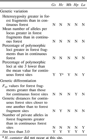 Summary of the agreement with predictions concerning the genetic effects of forest fragmentation for allozymic variation and differentiation in five Amazonian forest birds from the Serranía de Huanchaca region (sites 1–6). Y = data for the species match predictions, N = data do not match predictions. Gs = G. spirurus, Hc = H. cantator, Mh = M. hemimelaena, Hp = H. poecilinota, La = L. amaurocephalus.
