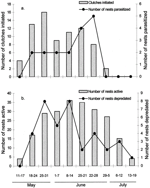 (a) Number of Chipping Sparrow clutches initiated and number of nests that were parasitized by Brown-headed Cowbirds during one-week periods, and (b) number of Chipping Sparrow nests active and number of nests that were depredated during one-week periods, 1996–1998