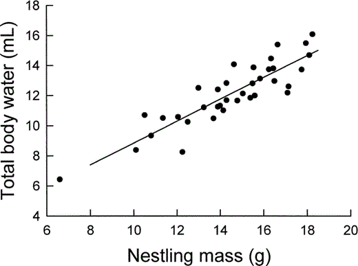 Relationship between the total body water content of nestling Mountain White-crowned Sparrows, as determined by 18O dilution, and nestling body mass. The least-squares regression line is described by text equation 2.