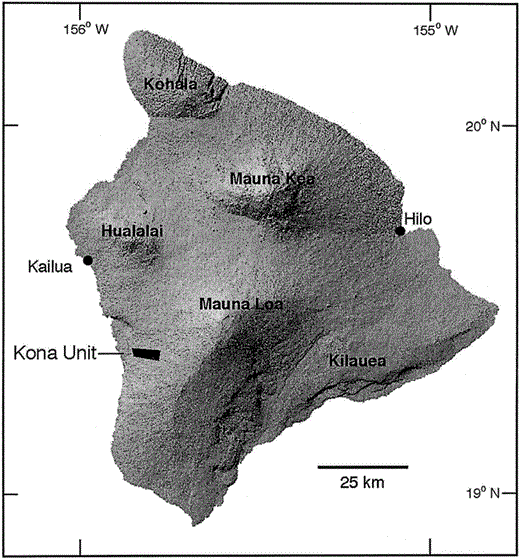 Location of the Kona Forest Unit (Kona Unit) of Hakalau Forest National Wildlife Refuge relative to major mountains and cities (indicated by circles) on the Island of Hawaii. Prevailing tradewinds blow from the northeast, depositing most rainfall on the eastern, windward slopes of Mauna Loa and Mauna Kea Volcanoes