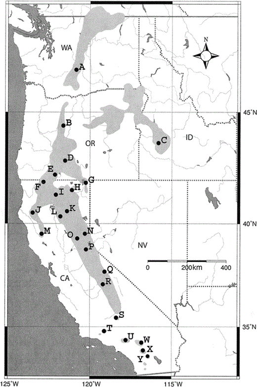 Figure 1. Geographic distribution of the White-headed Woodpecker including sampling localities lettered to correspond to the Appendix. Lightly shaded area indicates the distribution of the White-headed Woodpecker, and dark shaded area is water. State abbreviations: CA = California, ID = Idaho, NV = Nevada, OR = Oregon, and WA = Washington