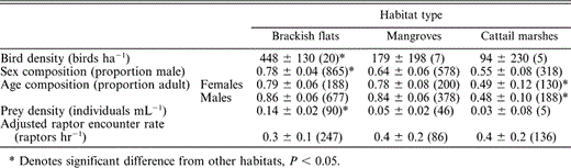 Western Sandpiper population structure and prey and raptor abundance with respect to habitat type in Bahía Santa María, northwestern Mexico, during the nonbreeding seasons of 1999–2001. Least-squares means (±95% CI) are reported, controlling for annual variation, and sample sizes are given in parentheses. Sample size for bird density = number of observation plots surveyed, for sex and age composition = number of birds, for prey density = number of sediment cores, and for raptor encounter rate = number of survey hours