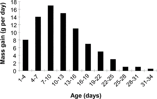 Absolute mass gain for Long-eared Owls in Montana over three-day intervals from hatching to fledging calculated using the fitted logistic equation (Fig. 1).
