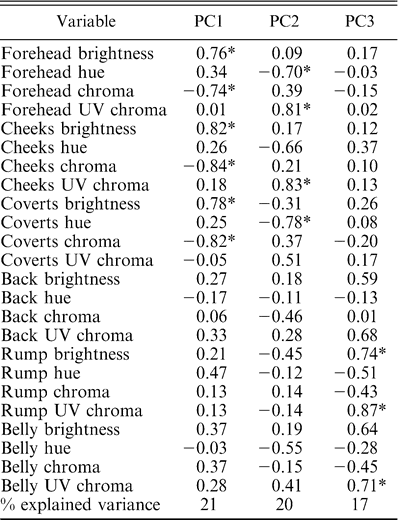 Factor loadings after varimax rotation of the principal components analysis performed on four spectral variables from six different plumage patches measured on males of two subspecies of Ultramarine Grosbeak (Cyanocompsa brissonii). Significant loadings (>0.70) are denoted with an asterisk.