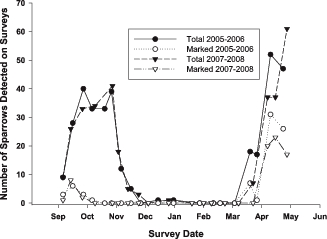 The numbers of Coastal Plain (black symbols) and interior (white symbols) Swamp Sparrows observed on surveys at Woodland Beach Wildlife Management Area in the nonbreeding seasons of 2005–2006 (circles) and 2007–2008 (triangles).