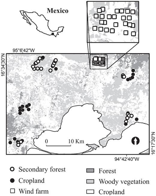 Map of study area illustrating the spatial distribution of the studied sites by treatment.